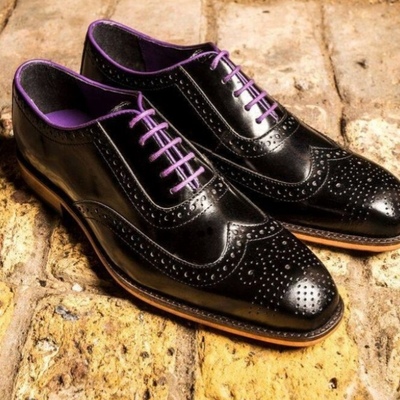 New black handmade wingtip oxfords brogue lace up office men's shoes - Thumbnail 3