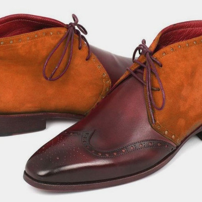 New handmade two tone  burgundy brown chukka leather suede lace up party wear boot