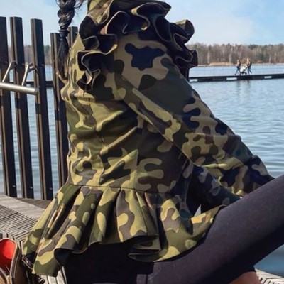Zipper printing flounced long sleeve coat