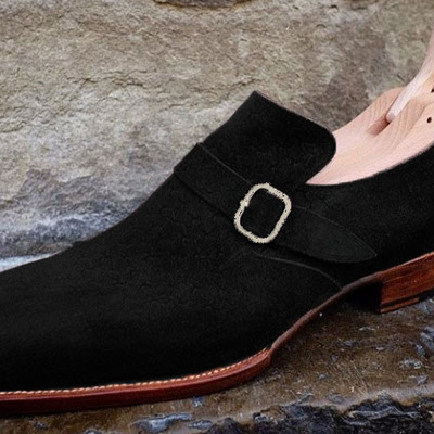 Christmas sale black suede men's single monk strap handmade shoes best for events - Thumbnail 5