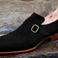 Christmas Sale Black Suede Men's Single Monk Strap Handmade Shoes Best For Events - Thumbnail 1