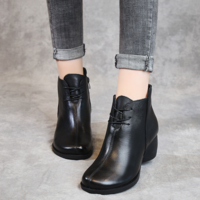 New Retro Leather Comfortable Thick heel Women Boots High heel Martin Boots Leather Boots Short Boots Women G5210 - Thumbnail 2