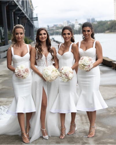 Tea Length White Sexy Open Back Bridesmaid Dress Mermaid V Neck Wedding Party Dress