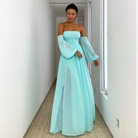 Light Blue Long Sleeve Evening Dress Off Shoulder Chiffon Plus Size Floor Length Formal Prom Dresses Party Gowns - Thumbnail 1