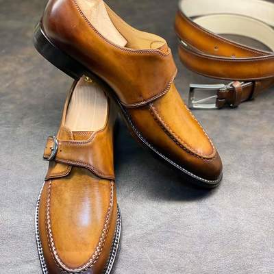 Handmade best tan leather shoes for men, men's mustard formal shoes - Thumbnail 1
