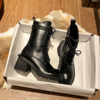 Thick Heel High Heel Martin Boots Women Black Lace Round Toe All-match Short Boots Tide G9505 - Thumbnail 1