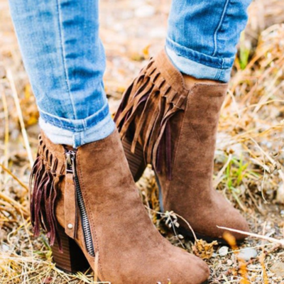New pointed suede high heel thick heel lace-up warm side zipper fringed boots f9510