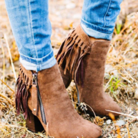 New Pointed Suede High Heel Thick Heel Lace-up Warm Side Zipper Fringed Boots F9510 - Thumbnail 4