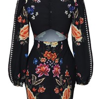Long Sleeve V-neck Printed Sexy Printed Dress - Thumbnail 5