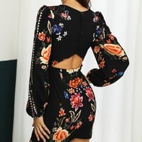 Long Sleeve V-neck Printed Sexy Printed Dress - Thumbnail 2