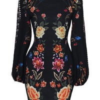 Long Sleeve V-neck Printed Sexy Printed Dress - Thumbnail 4