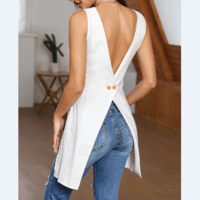 Backless Sleeveless Button Cross T-Shirt - Thumbnail 1
