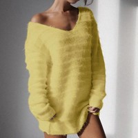 Loose Casual Long-Sleeved V-Neck Sweater - Thumbnail 4
