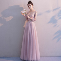 Pink long sleeve lace prom dress evening dress - Thumbnail 1