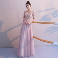 Pink long sleeve lace prom dress evening dress - Thumbnail 2