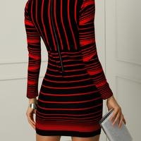 Long Sleeve Striped Print Bag Hip Dress - Thumbnail 7