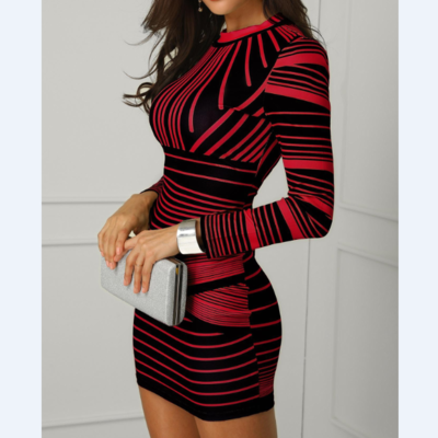 Long sleeve striped print bag hip dress - Thumbnail 4