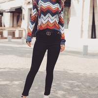 Knitted Round Neck Striped Rainbow Sweater - Thumbnail 1