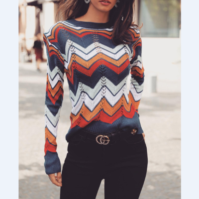 Knitted round neck striped rainbow sweater