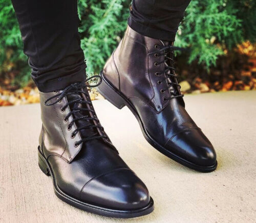 New Handmade Black Cap Toe Ankle High Hiking Boot,Men's Lace Up Leather Formal Boot