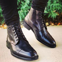 New Handmade Black Cap Toe Ankle High Hiking Boot,Men's Lace Up Leather Formal Boot - Thumbnail 1