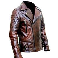 Real New Men's Handmade Biker Motorcycle Cafe Racer Distressed Brown Real Lambskin Real Genuine Leather Jacket Cowboy Men's jacket - Thumbnail 1