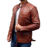 Real New Lambskin Leather Classic Diamond Brown Vintage Motorcycle Slim Fit Biker Distressed Leather Jacket with Zipper,Pocket - Thumbnail 2