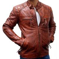 Real New Lambskin Leather Classic Diamond Brown Vintage Motorcycle Slim Fit Biker Distressed Leather Jacket with Zipper,Pocket - Thumbnail 3