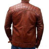 Real New Lambskin Leather Classic Diamond Brown Vintage Motorcycle Slim Fit Biker Distressed Leather Jacket with Zipper,Pocket - Thumbnail 1