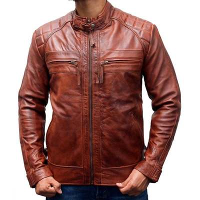 Real New Lambskin Leather Classic Diamond Brown Vintage Motorcycle Slim Fit Biker Distressed Leather Jacket with Zipper,Pocket