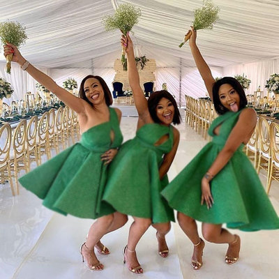 One shoulder green short bridesmaid dresses  - Thumbnail 4