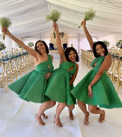 One Shoulder Green Short Bridesmaid Dresses 