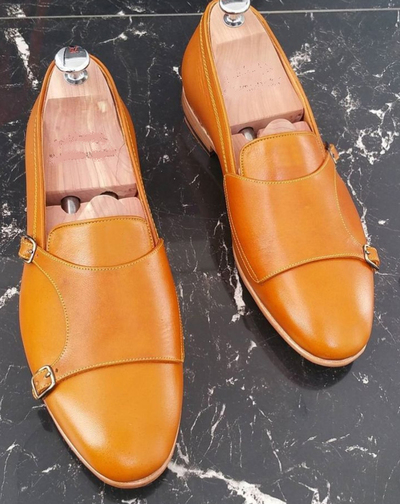 Christmas Sale Tan Double Monk Handmade Leather Shoes,Men's Party Wear Decent Personality Shoes