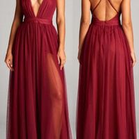 Sexy Deep V Neck Burgundy Tulle Long Prom Evening Dresses - Thumbnail 1