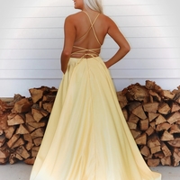 Elegant A-Line Scoop Neck Cross Back Yellow Satin Long Prom Evening Dresses with Split - Thumbnail 1
