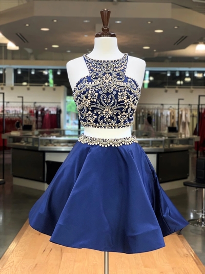 Pretty Two Piece Round Neck Beaded Royal Blue Satin Short Homecoming Dresses