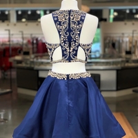 Pretty Two Piece Round Neck Beaded Royal Blue Satin Short Homecoming Dresses - Thumbnail 1