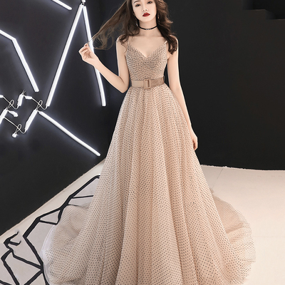 Simple v neck tulle long ball gown dress formal dress - Thumbnail 4