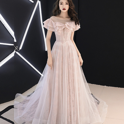 Pink lace tulle long prom dress pink evening dress - Thumbnail 4