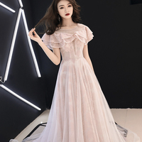 Pink lace tulle long prom dress pink evening dress - Thumbnail 1