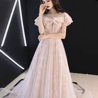 Pink lace tulle long prom dress pink evening dress - Thumbnail 2