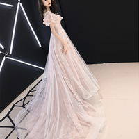 Pink lace tulle long prom dress pink evening dress - Thumbnail 4