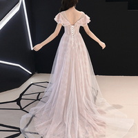 Pink lace tulle long prom dress pink evening dress - Thumbnail 5