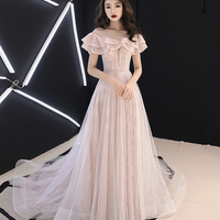 Pink lace tulle long prom dress pink evening dress - Thumbnail 6
