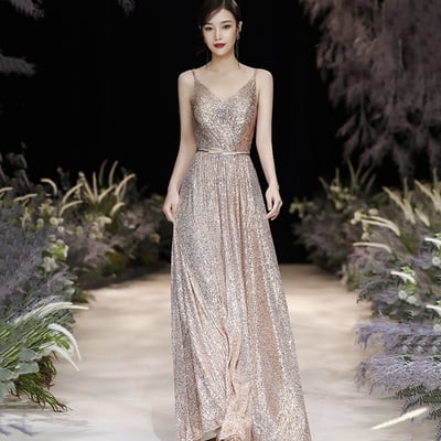 Shiny v neck sequins long prom dress evening dress - Thumbnail 5