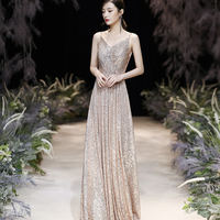 Shiny v neck sequins long prom dress evening dress - Thumbnail 1