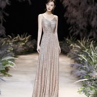 Shiny v neck sequins long prom dress evening dress - Thumbnail 2