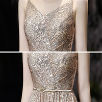 Shiny v neck sequins long prom dress evening dress - Thumbnail 3