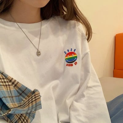 2020 warm up rainbow smiley face embroidery t-shirt