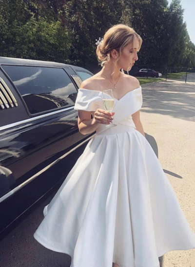 Fashion Cute Off the Shoulder White Satin Tea Length with Pockets